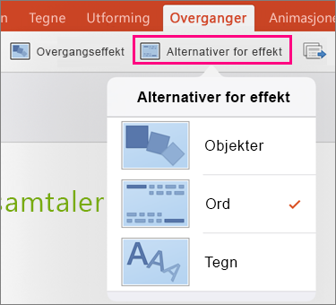 Viser Effektalternativer for Transformasjon-overgangen i PowerPoint 2016 for iPad