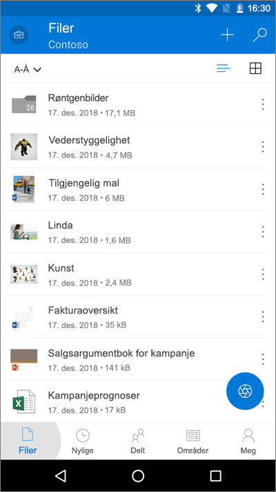 Skjermbilde av OneDrive-mobilapp med Fil-knappen uthevet