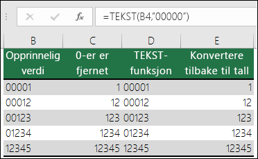 Eksempler på bruk av TEKST til å formatere foranstilte nuller.  =TEKST(A2,"00000")