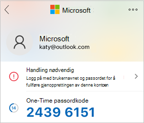 Skjermbilde som viser engangspassordkoden for Microsoft Authenticator.