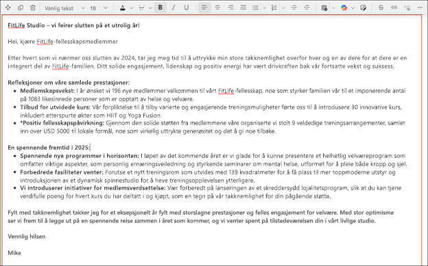 Skjermbilde av en lengre tekst foreslått av copilot i redigeringsprogrammet for rik tekst i SharePoint