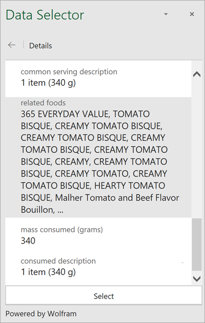Skjermbilde av detaljer om et kremete tomatsuppe-resultat i datavelgeren.