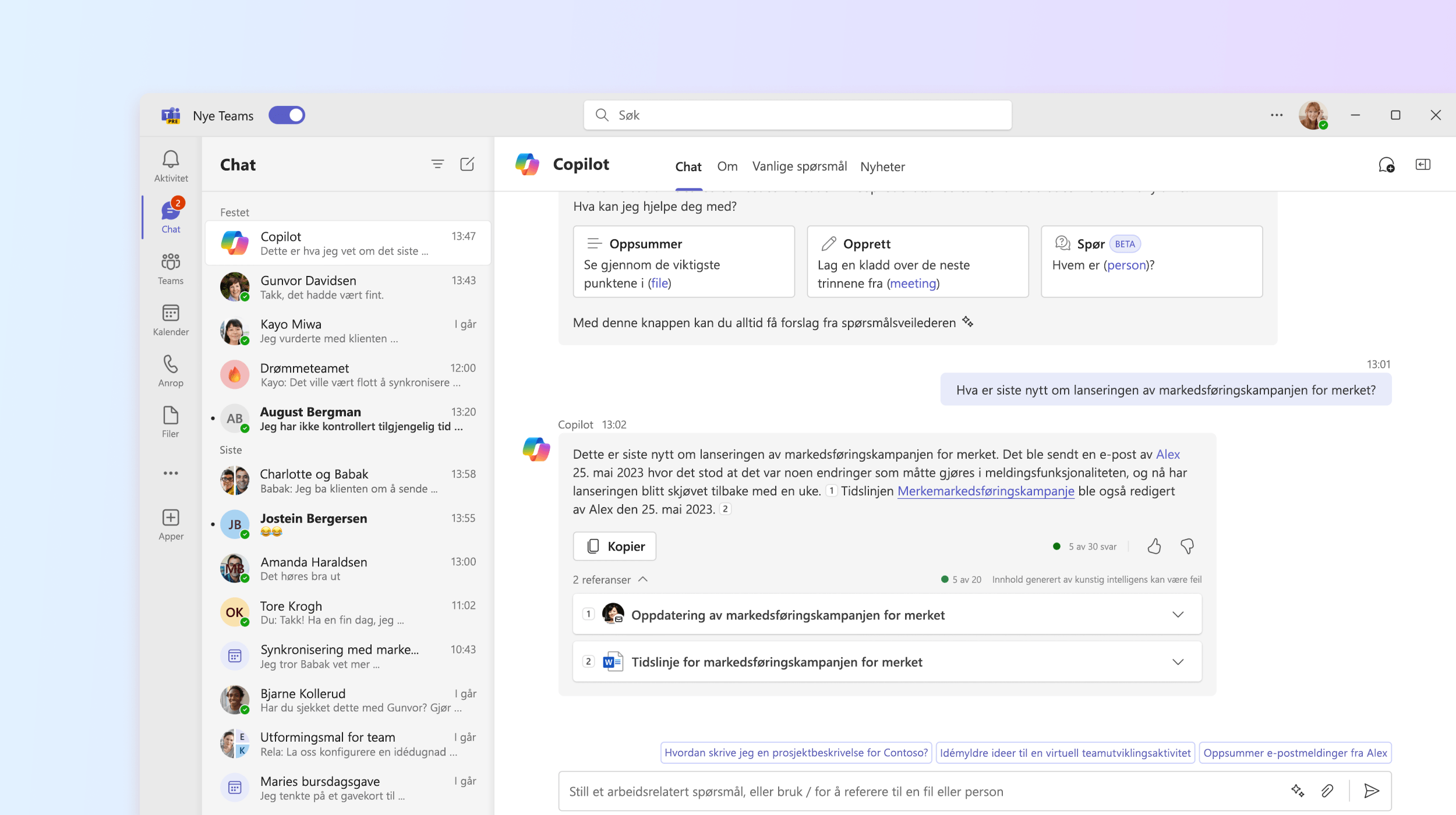 Skjermbilde som viser Microsoft 365 Copilot-appen i Teams.