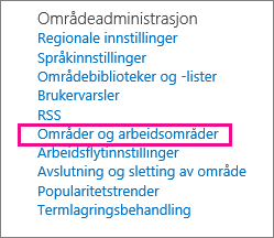 Delen Nettsteder og arbeidsplasser på siden Innstillinger for nettsted
