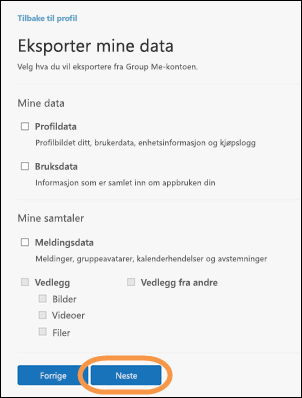Eksporter mine data-vinduet i GroupMe med Neste-knappen fremhevet