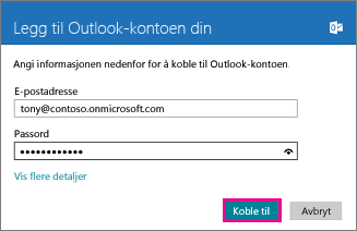 Siden Legg til en Outlook-konto i Mail for Windows 8