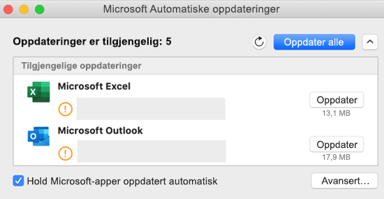 Bilde av instrumentbordet for Microsoft Automatiske oppdateringer, med informasjon om oppdateringene.