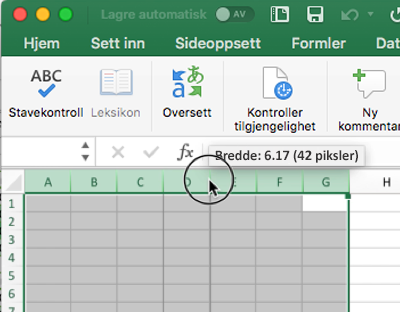 Skjermbilde som viser hvordan du bruker musepekeren til å endre størrelsen på kolonnebredder i Excel