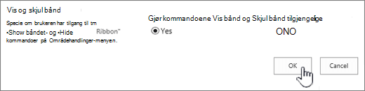 Vis alternativet Skjul båndet med OK valgt
