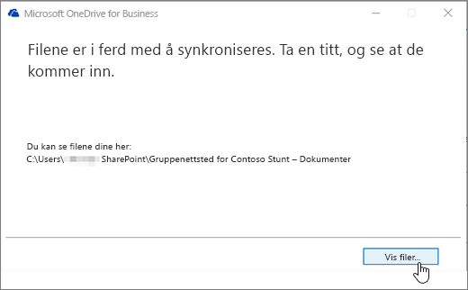 Dialog boksen for synkronisering av OneDrive for Business Vis mine filer-knappen uthevet.