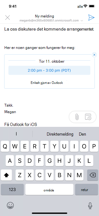 Viser et e-postutkast på en iOS-skjerm. E-postmeldingen viser en dato og et klokkeslett som avsenderen er tilgjengelig på.