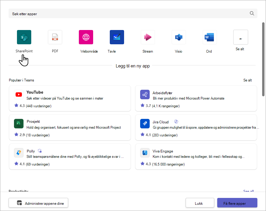 Dialogboksen Legg til SharePoint-fane.