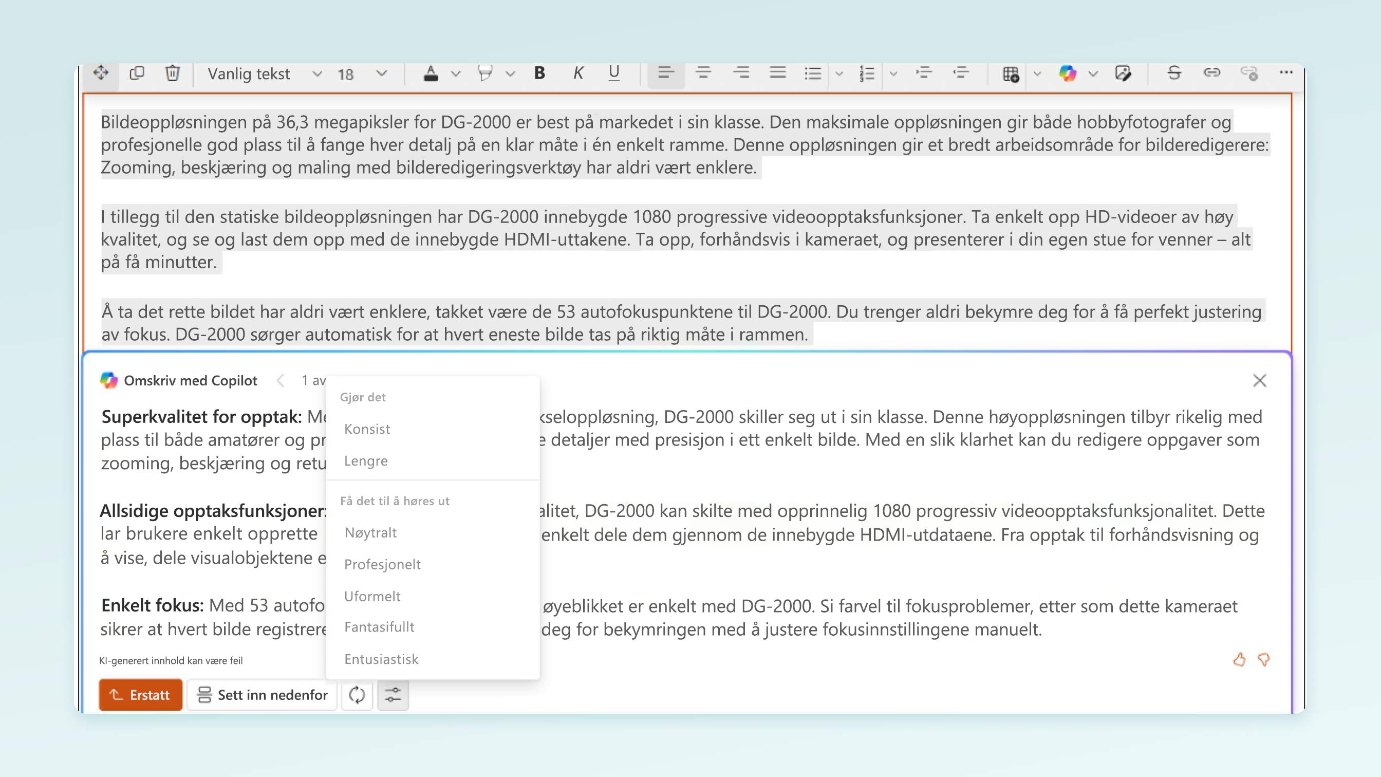 Skjermbilde for målsiden Skriv med Copilot i SharePoint – redigeringsprogram for rik tekst