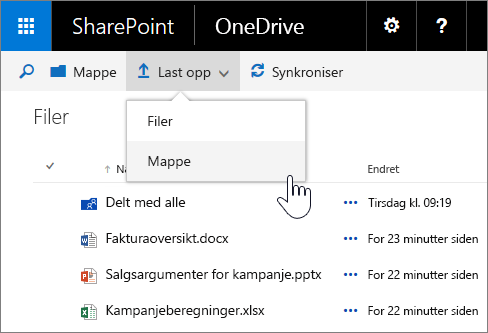 Skjermbilde av opplasting av en mappe i OneDrive for Business i SharePoint Server 2016 med Feature Pack 1