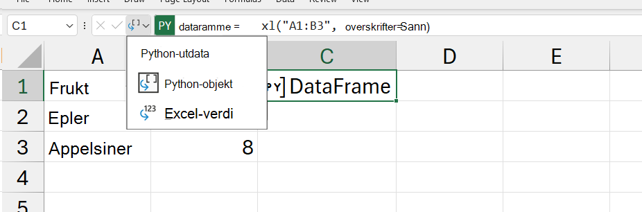 Den åpne Python-utdatamenyen i Excel.