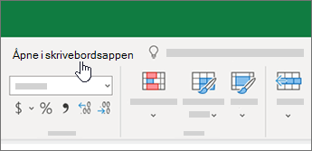 Åpne i Skrivebordsappen øverst i Excel-arbeidsbok