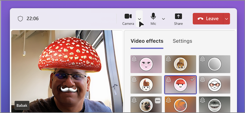 Screenshot of a person using video filters on a Teams video call.