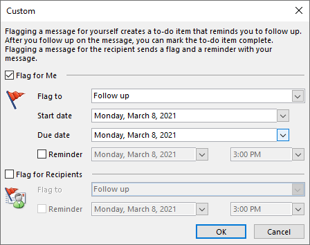 Venster voor aangepaste Outlook-vlag instellen
