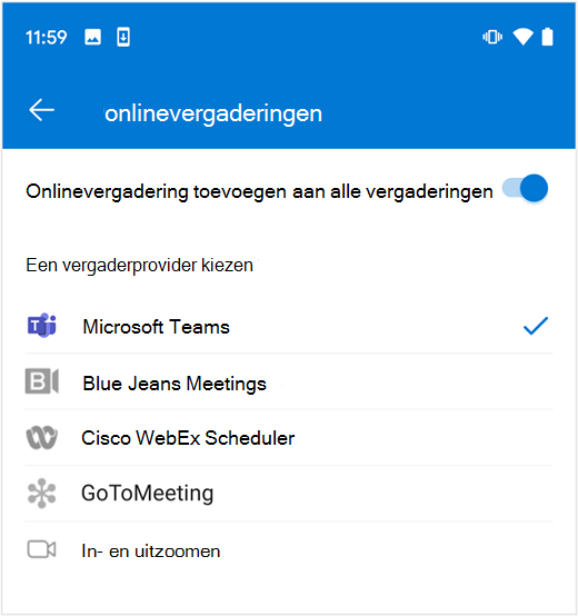 Standaardprovider voor onlinevergaderingen selecteren in Outlook voor Android