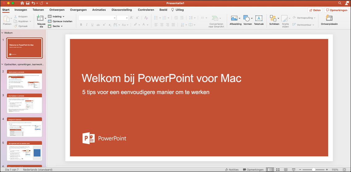 PowerPoint 2021 voor Mac-venster met sjabloon Rondleiding geopend