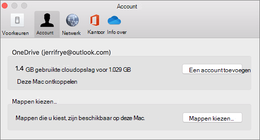 Schermopname van het toevoegen van een account in OneDrive voorkeuren op een Mac