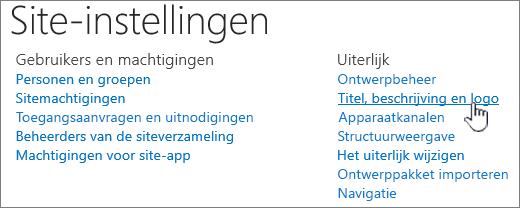 Site-instellingen met titel, beschrijving, logo geselecteerd