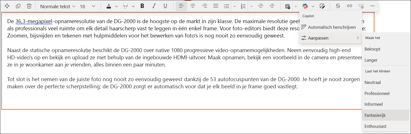 De schermafbeelding van een snelle weergave van Copilot in SharePoint-editor