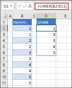 Voorbeeld van het gebruik van =UNIEK(B2:B11) om een unieke lijst met getallen te retourneren