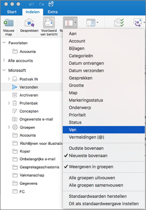 E-mail op verschillende manieren sorteren door te klikken op Organiseren > Rangschikken op > en een optie in de lijst te selecteren