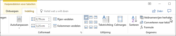 Schermafbeelding van de cursor die verwijst naar de optie Koptekstrijen herhalen in Hulpmiddelen voor tabellen op het tabblad Indeling in de groep Gegevens, .