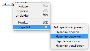 Toont de optie Hyperlink bewerken in het menu hyperlink