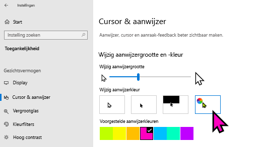 De grootte en kleur van de aanwijzer wijzigen in Windows 10 Instellingen app