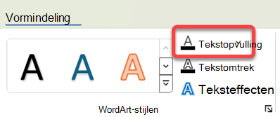 Als u de kleur van WordArt wilt wijzigen, selecteert u deze en selecteert u tekstopvulling op het tabblad Vormopmaak.