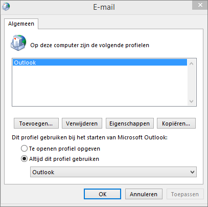Eigenschappenvenster van E-mail voor het toevoegen of verwijderen van een profiel voor uw Outlook-account