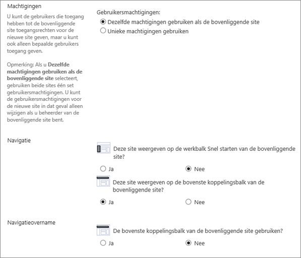 Onderste gedeelte van het dialoogvenster Site maken