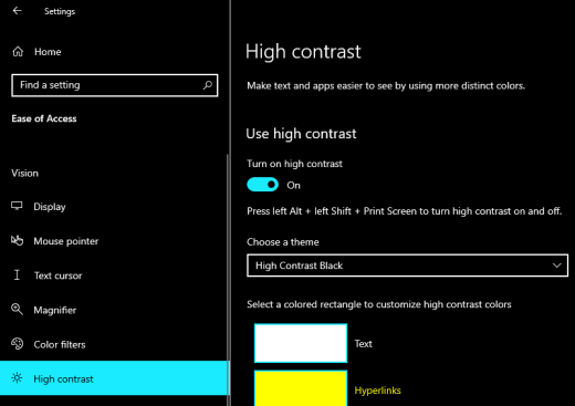 Opties voor hoog contrast in Windows met het zwarte hoog contrast geselecteerd.