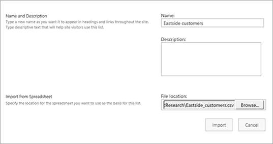 Schermopname van het dialoogvenster naam, beschrijving en bestandslocatie voor het importeren van spreadsheets in SharePoint.