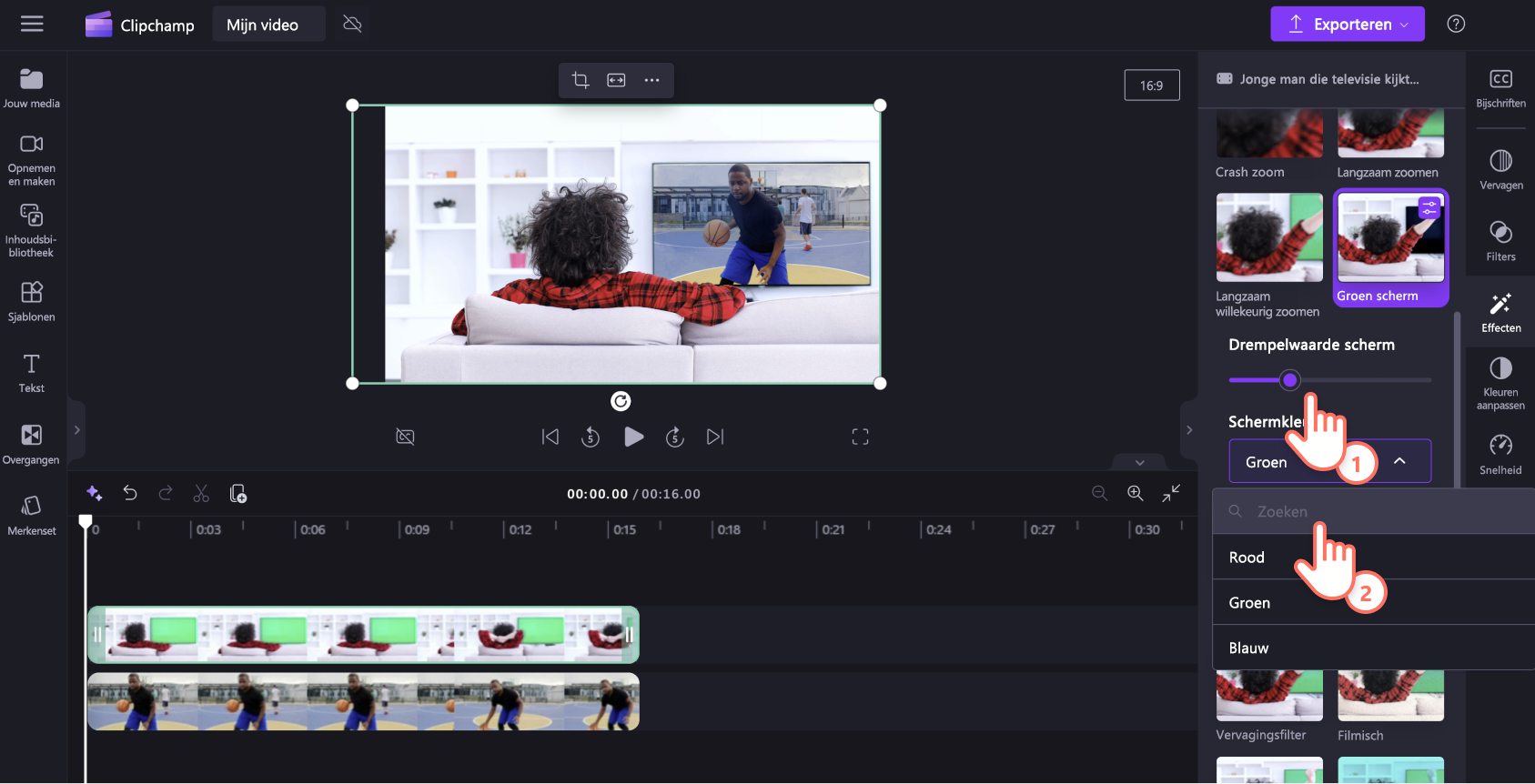 Een afbeelding van een Clipchamp gebruiker die de schermdrempel aanpast voor het groene schermeffect.