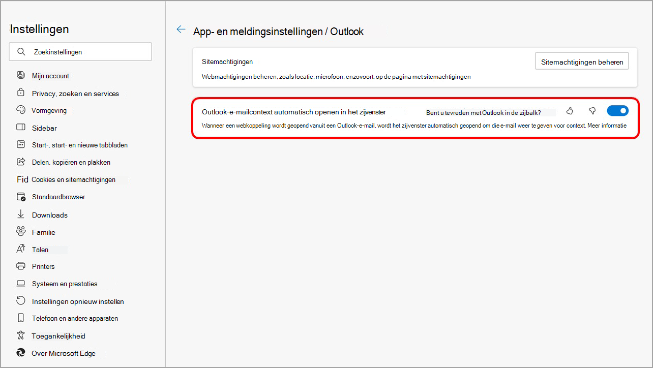 Schakel het openen van Outlook-inhoud in het zijvenster van Microsoft Edge uit via de instellingen van de Microsoft Edge-zijbalk.