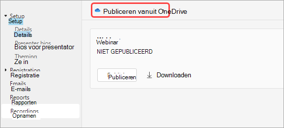 Schermopname van gebruikers hoe ze een webinar-opname van One Drive kunnen publiceren