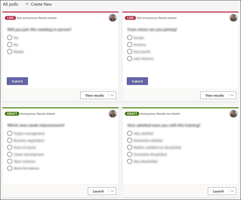 Microsoft Forms polls die zijn gemaakt in Teams in verschillende statussen, zoals live en concept