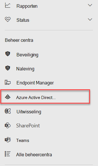 Het menu beheercentra in Microsoft 365 met het Azure Active Directory-beheercentrum gemarkeerd.