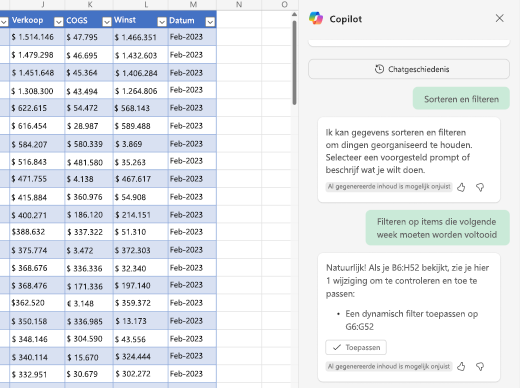 Schermopname van het filteren van gegevens met Copilot in Excel.