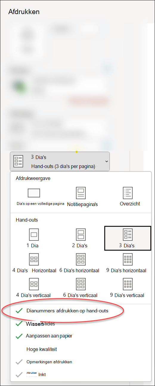 Het dialoogvenster Afdrukken in PowerPoint met de optie voor het afdrukken van dianummers op hand-outs.