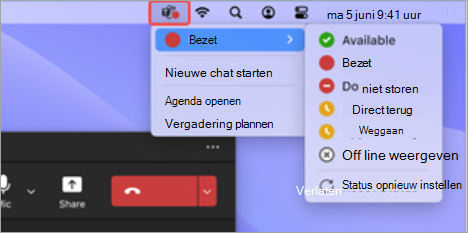 Schermopname van het pictogram van de Teams-app in de geselecteerde Mac-menubalk, met beschikbare snelle acties.