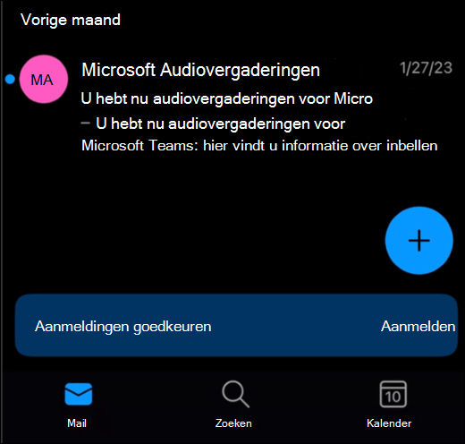 Een Postvak IN in Outlook Mobile met een banner onder aan het scherm met de knop Aanmelden.