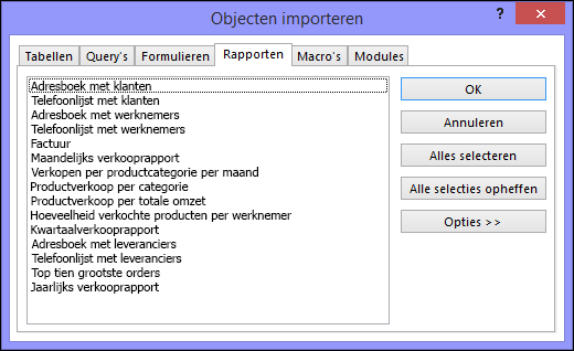 Dialoogvenster Objecten importeren in een Access-database