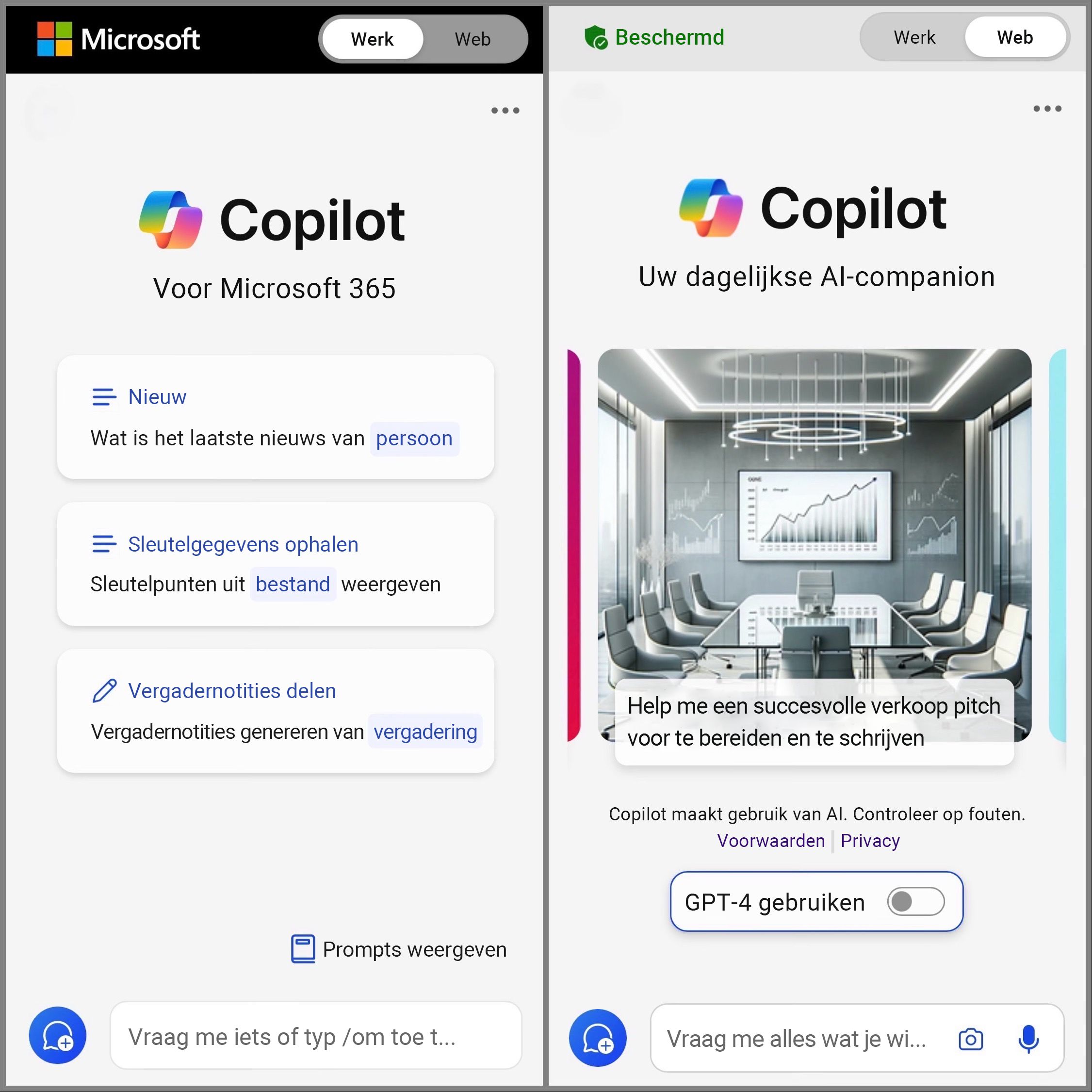 Hiermee wordt het scherm van Copilot Mobile weergegeven met de wisselknop web en werk om toegang te krijgen tot de chatprompt.