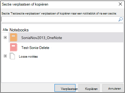 OneNote voor Windows 2016 - Dialoogvenster 'Sectie verplaatsen of kopiëren'