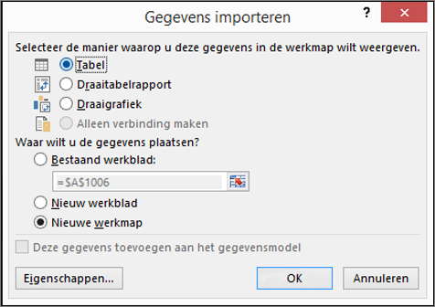 Dialoogvenster Gegevens importeren uit Excel 2016